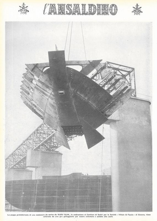 p. 16 (quarta di copertina), la poppa prefabbricata di una motonave da carico, in costruzione al Cantiere navale di Sestri Ponente per la società "Villain & Fassio" di Genova